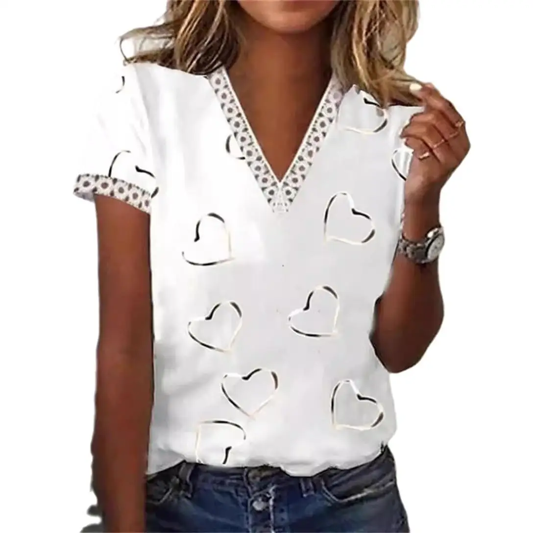 

Lace Printed Cuffs ort Sve Women's irt Floral Print Loose Fit Cotton T-irt Casual Summer Faion Ladies' Top