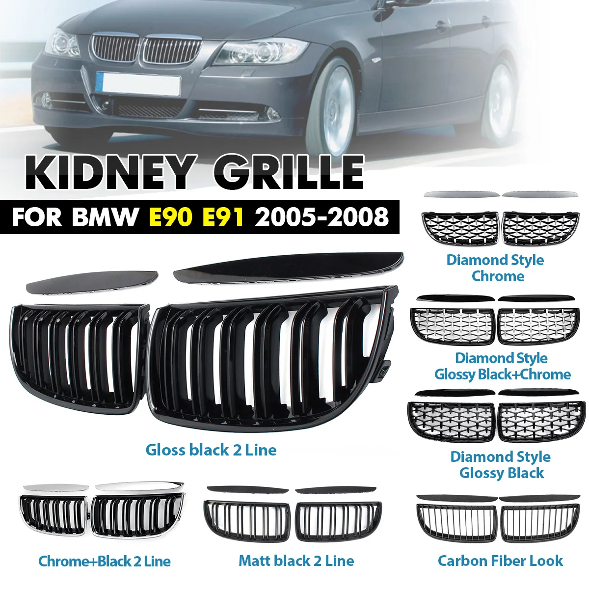 

Pair Car Matt Gloss Black style Front Kidney Double Slat Grille Set For BMW E90 E91 2005 2006 2007 2008 Racing Grills