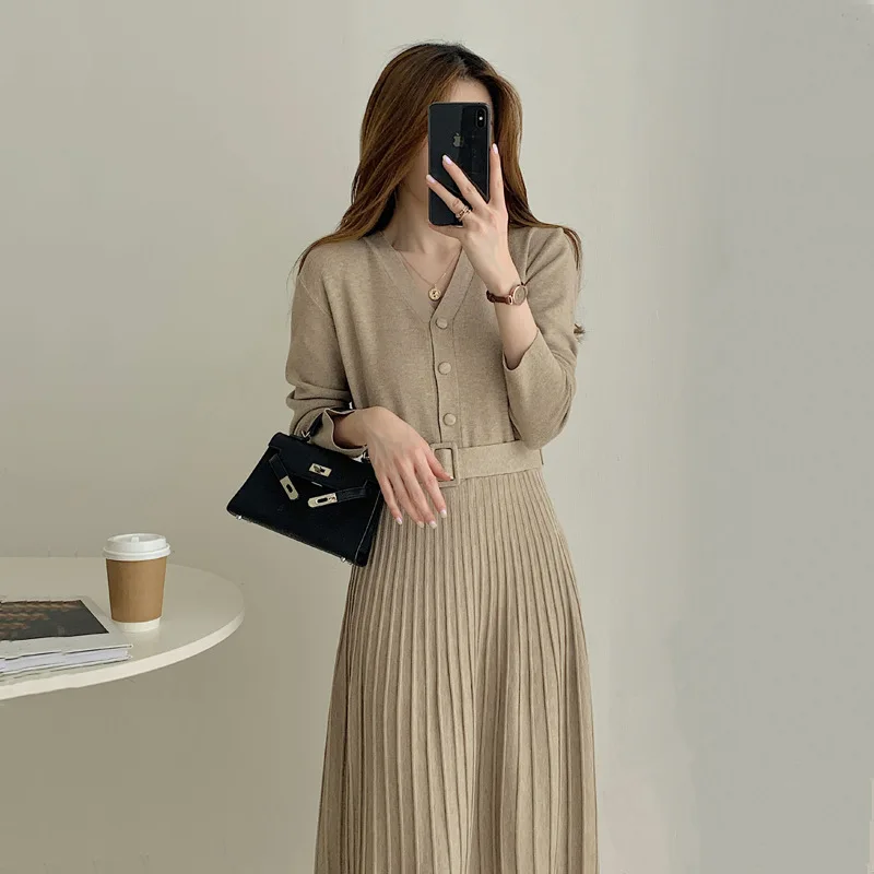 HLBCBG Elegant Winter long Sweater dress women Long sleeve OL lady Thick A-Line dress Female Jumper V neck slim knit dress