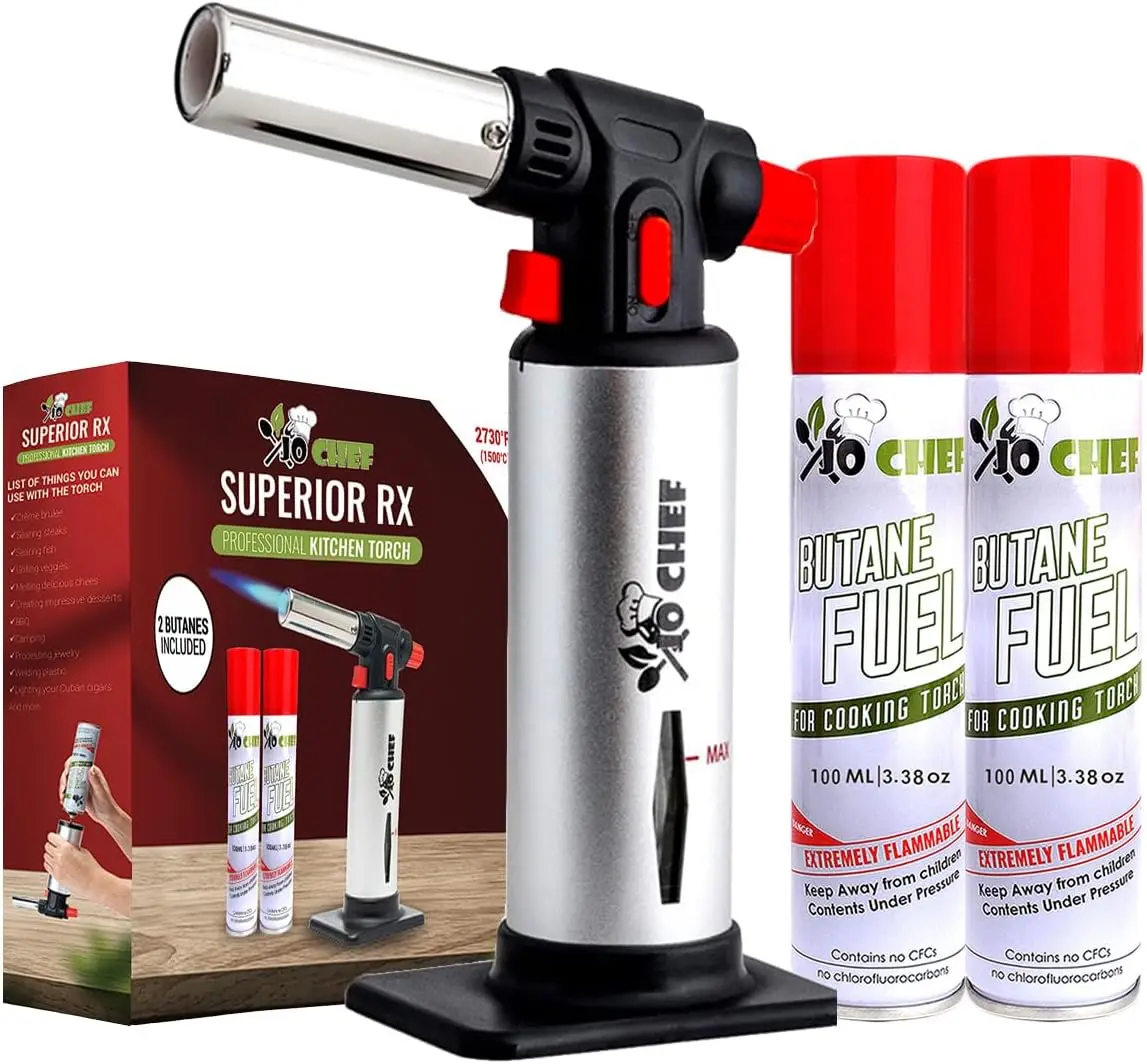 

Многоразовая кухонная горелка с регулируемым пламенем и защитным замком, в комплекте 2 баллона с бутаном для приготовления пищи и крем-брюле