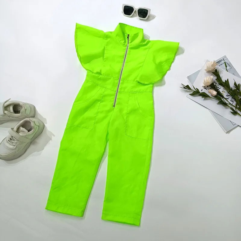 Summer Kids Girl Dance Jumpsuits Fly Sleeve Playsuits Clothes Green Children\'s Girls Overalls Baby Zipper Romper Party Clothing