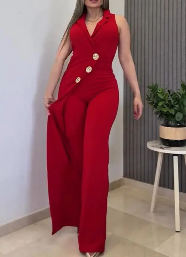 

Jumpsuit Women 2025 Summer Button Decor Notched Collar Overlap V-Neck Sleeveless Wrap Front Overalls Casual Zipper Back Jumpsuit