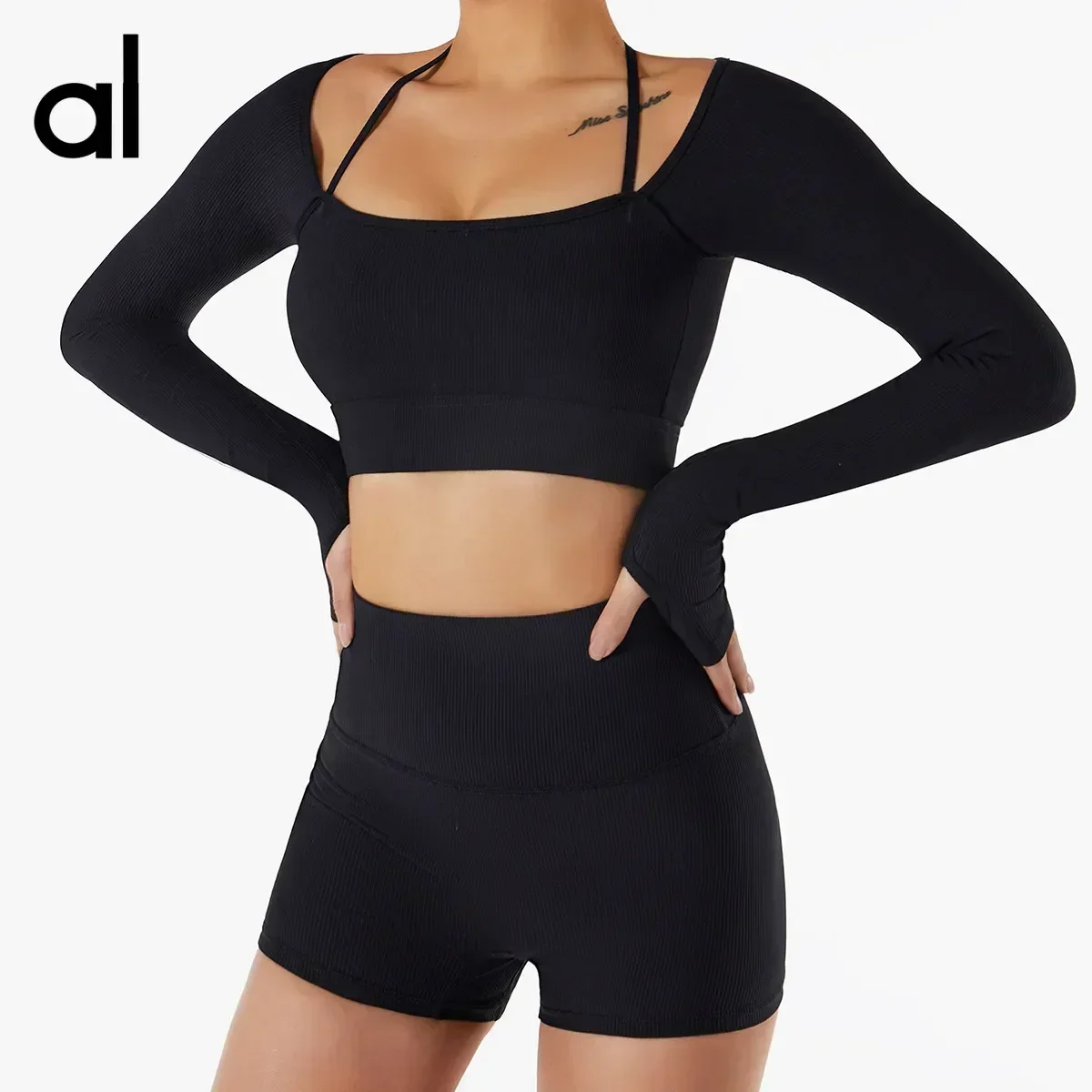 alo Hanging neck long-sleeved tight fitness clothing Slim thin outdoor sports long-sleeved yoga clothing