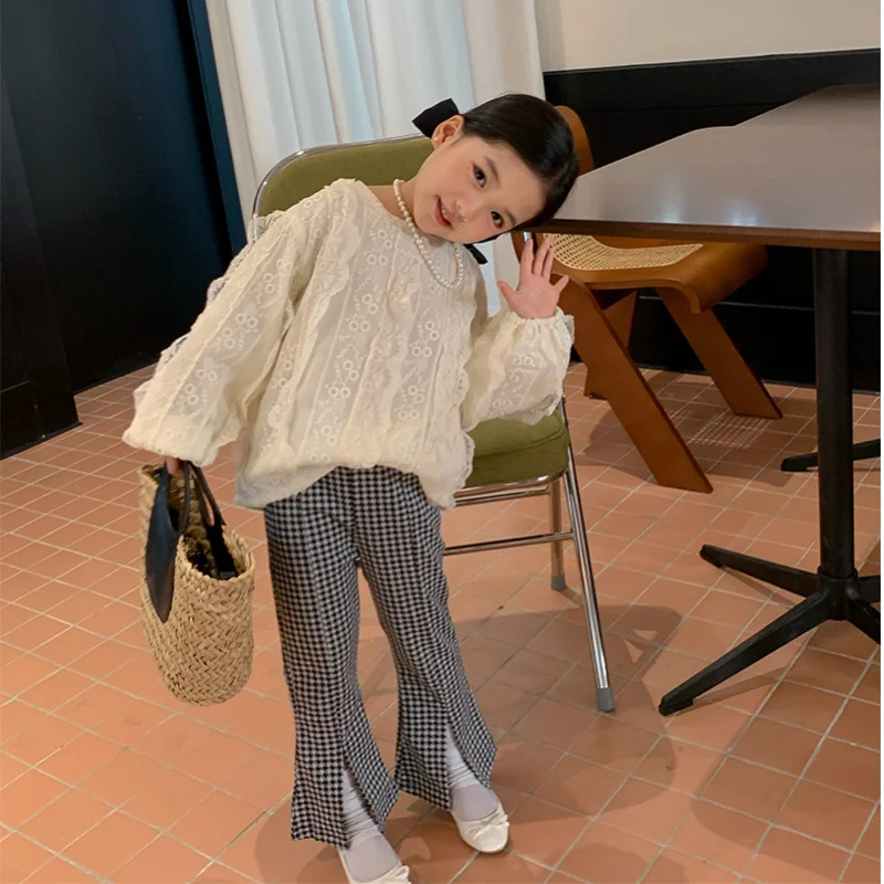 Family Matching Outfits Girls' Lace Doll Shirt Korean Style Mother and Daughter Round Neck Long Sleeve Shirt Autumn NewH22Q135