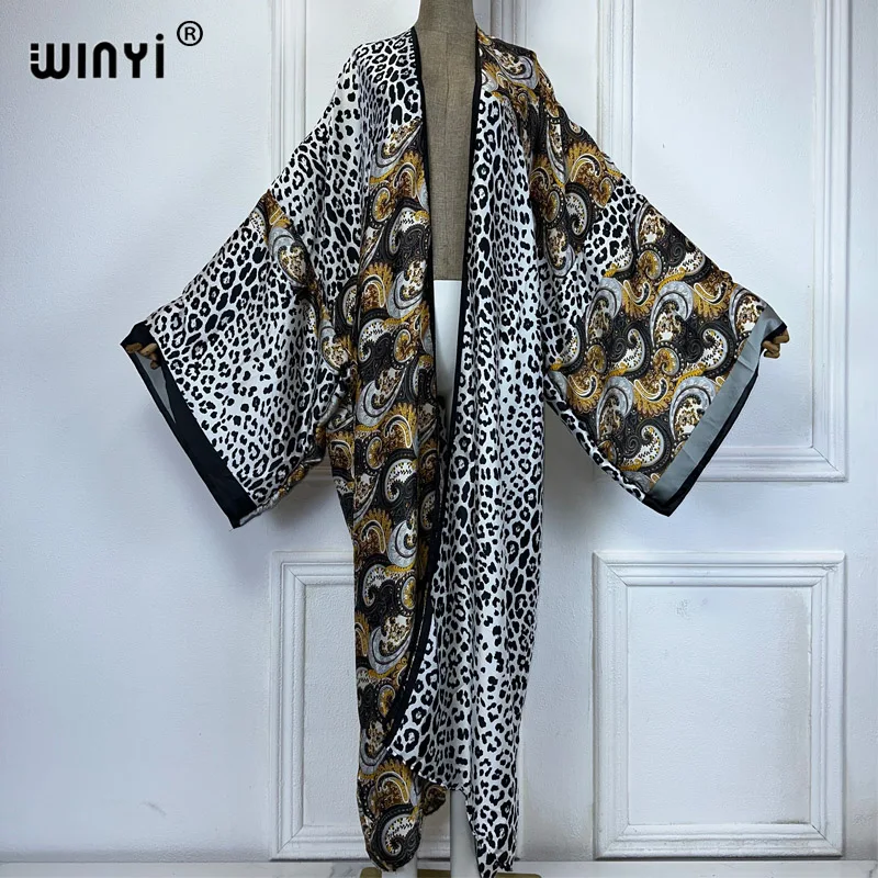 WINYI new Leopard print Kimonos loose dresses for woman Africa boho Cardigan beach outfits cover up long down coat party dress