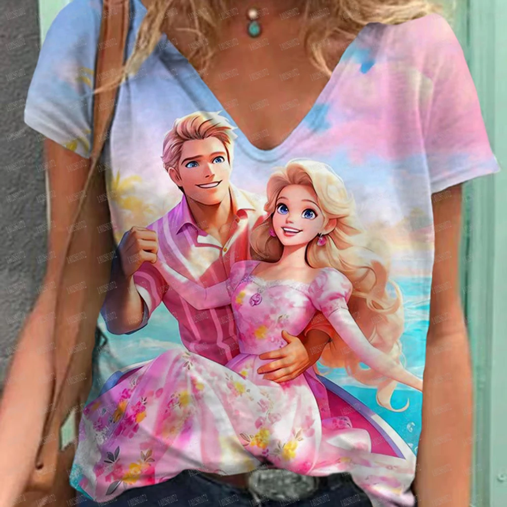 Summer Barbie Princess 3D Printed T-shirt Women\'s Casual Fashion Street Clothing Short sleeved V-neck T-shirt Harajuku T-shirt T