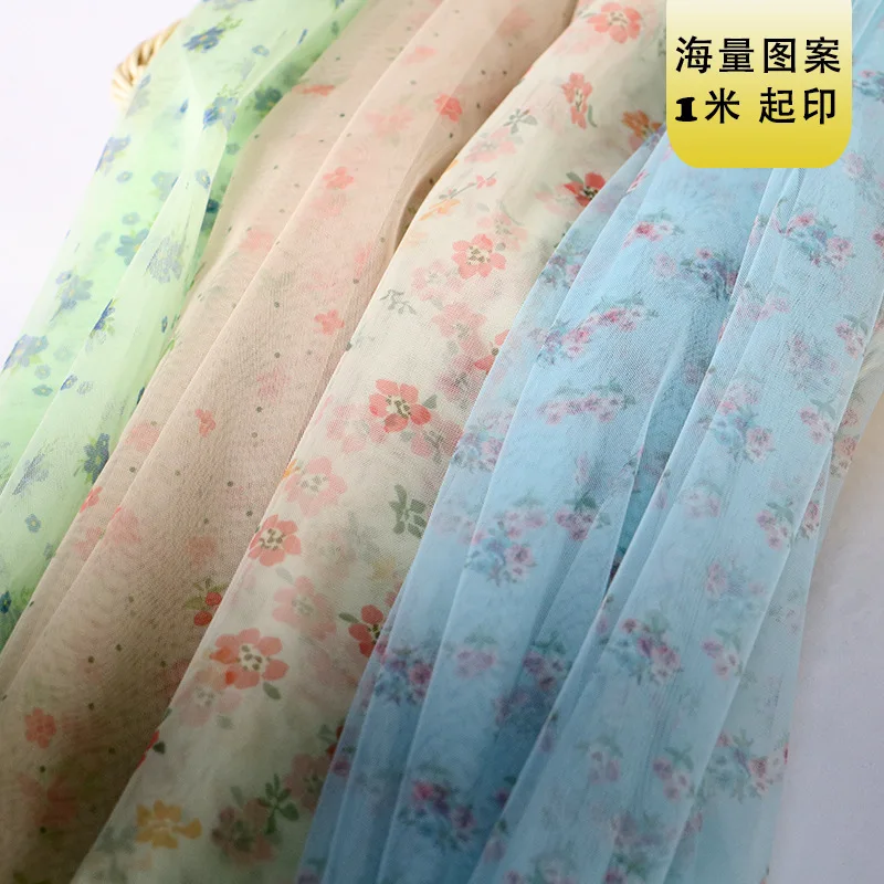 3 Yards Korean Small Floral Printed Mesh Fabric for Women's Clothing Handmade Gardening Bouquet Decorative Mesh Fabric