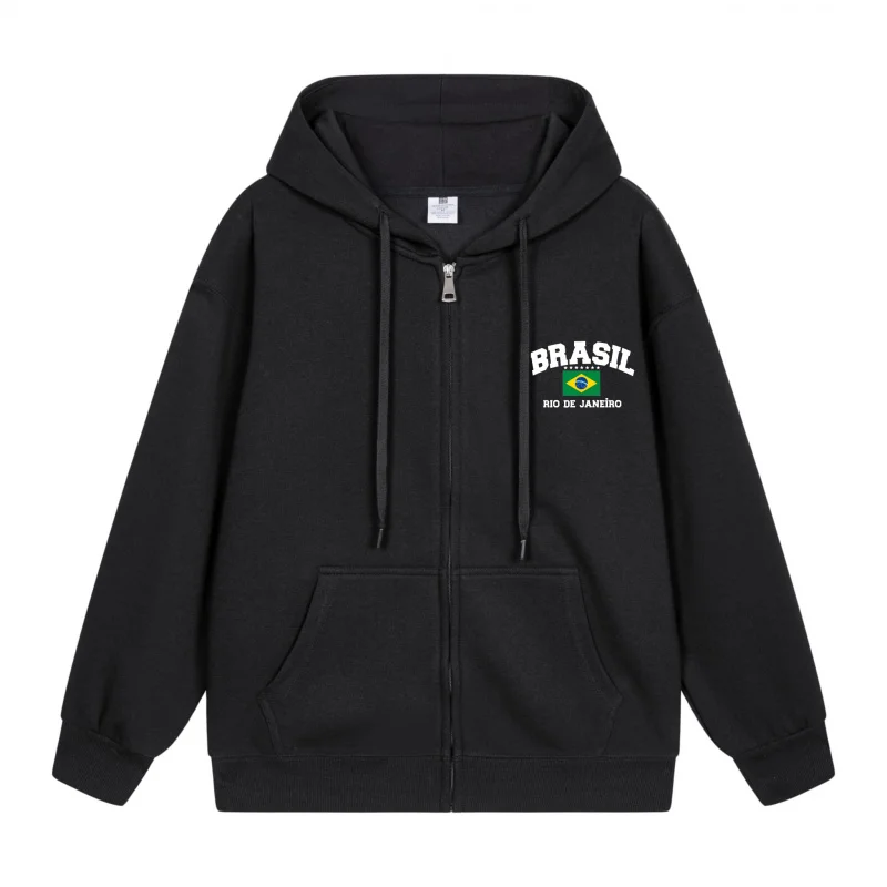

Men's Zip-Up Hoodie Black Hoodie With Brasil Print 2025 New Style Casual Couples’ Style Casual and Loose