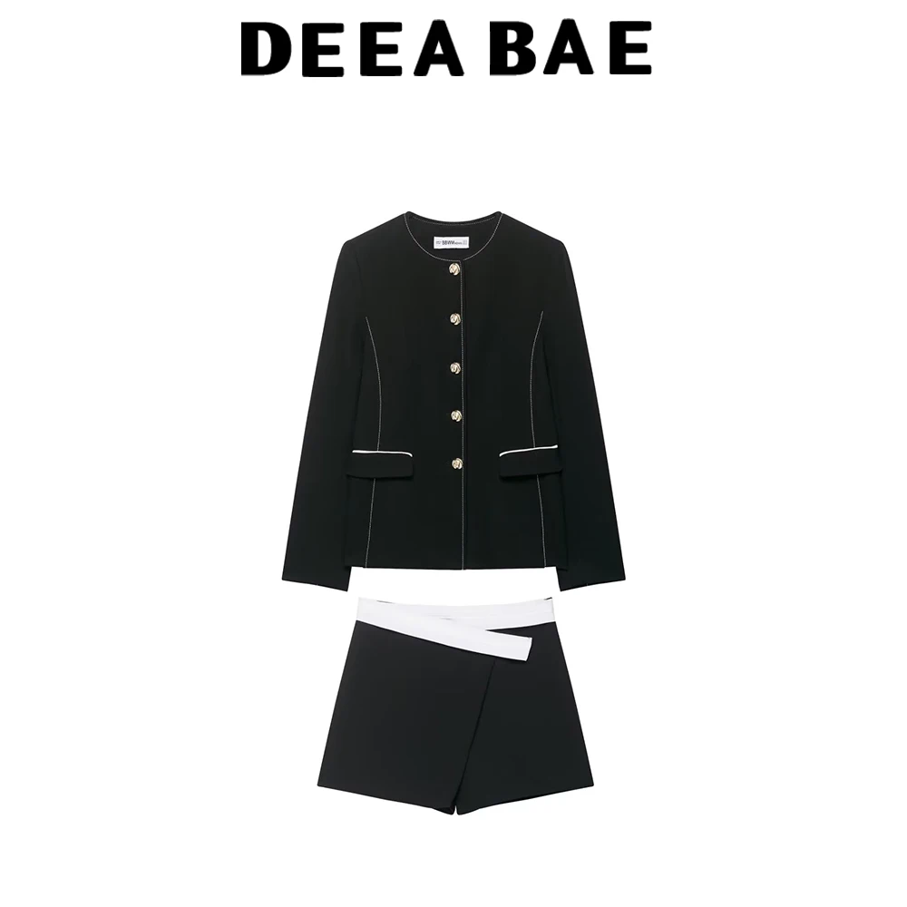 DEEABAE Set aus zweireihigem Rock und Hose mit Rundhalsausschnitt, langen Ärmeln, besetztem und genähtem Anzugjacke in Kontrastfarbe an der Taille