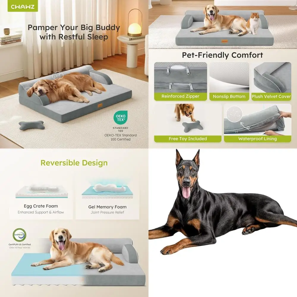 

Большая ортопедическая кровать для собак с двумя охлаждающими сторонами, пена с эффектом памяти, моющийся чехол, нескользящее основание, водонепроницаемая подставка, светло-серый