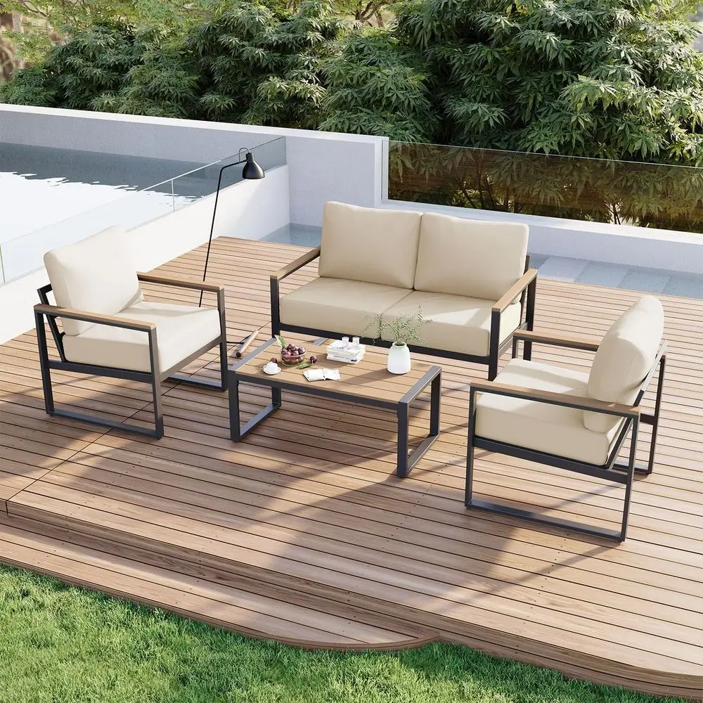 

4-Piece Outdoor Patio Furniture Set with Cushions, Metal Construction, Suitable for Porch, Balcony, Deck - Beige