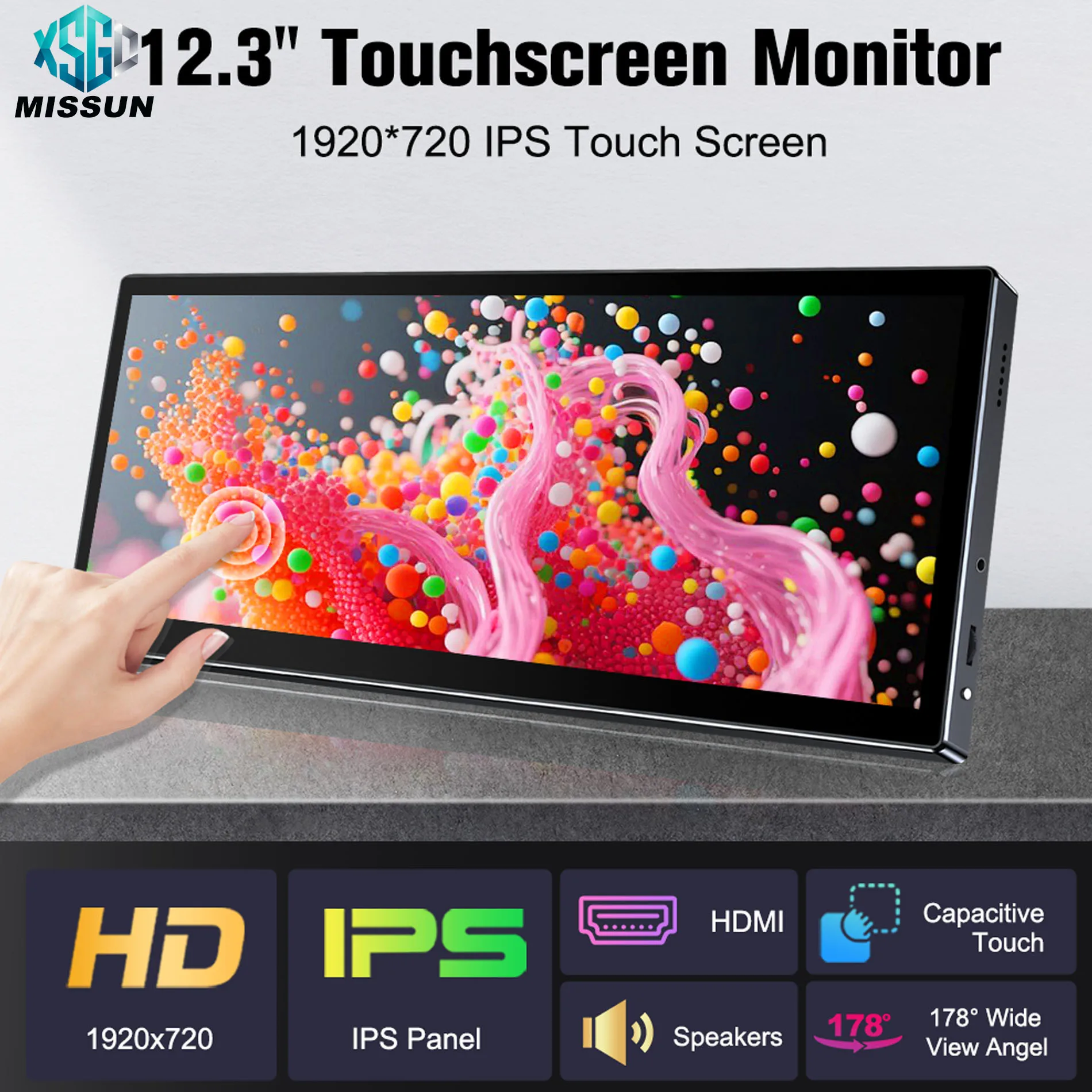Monitor de tela sensível ao toque de 12,3 polegadas para jogos, 1920x720 8:3 60Hz, HDMI USB-C Tipo-C VESA 75*75mm para laptop, PC, computador.