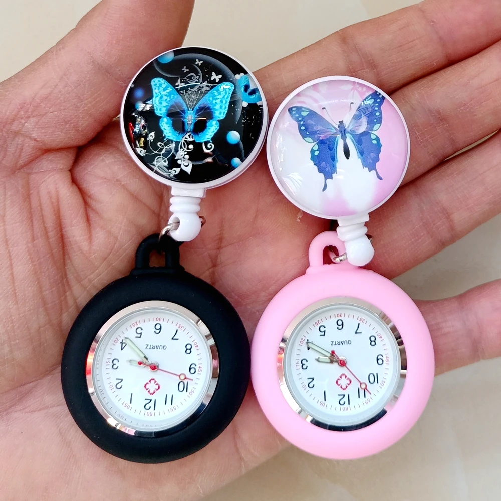 Retractable Cartoon Pretty Butterfly Nurse Doctor Pocket Watches Hospital Medical Women Mens Hang Clips Badge Reel Gifts Watch