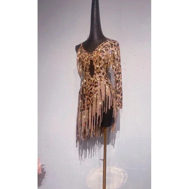 Women's Sexy Leopard Print Latin Dance Dress Customized Cha Tango Stage Costume for Children Adults Ballroom Competition