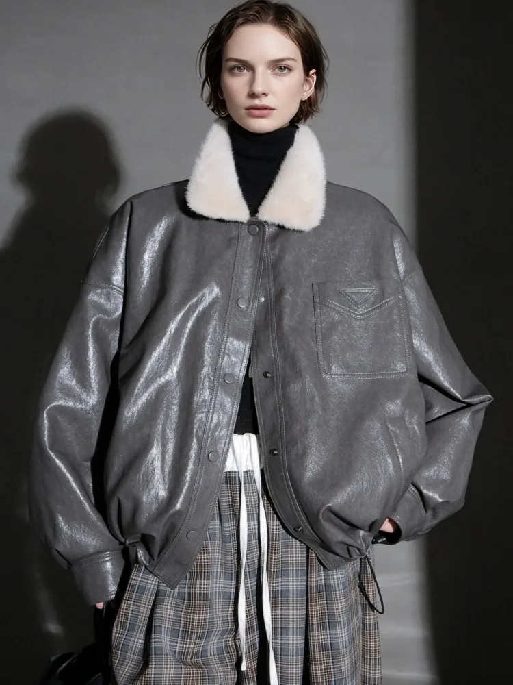 Women High Quality Mink Fur Lapel Collar Real Sheepskin Down Jacket Autumn Winter Single Breasted Loose Goose Down Coat Warm