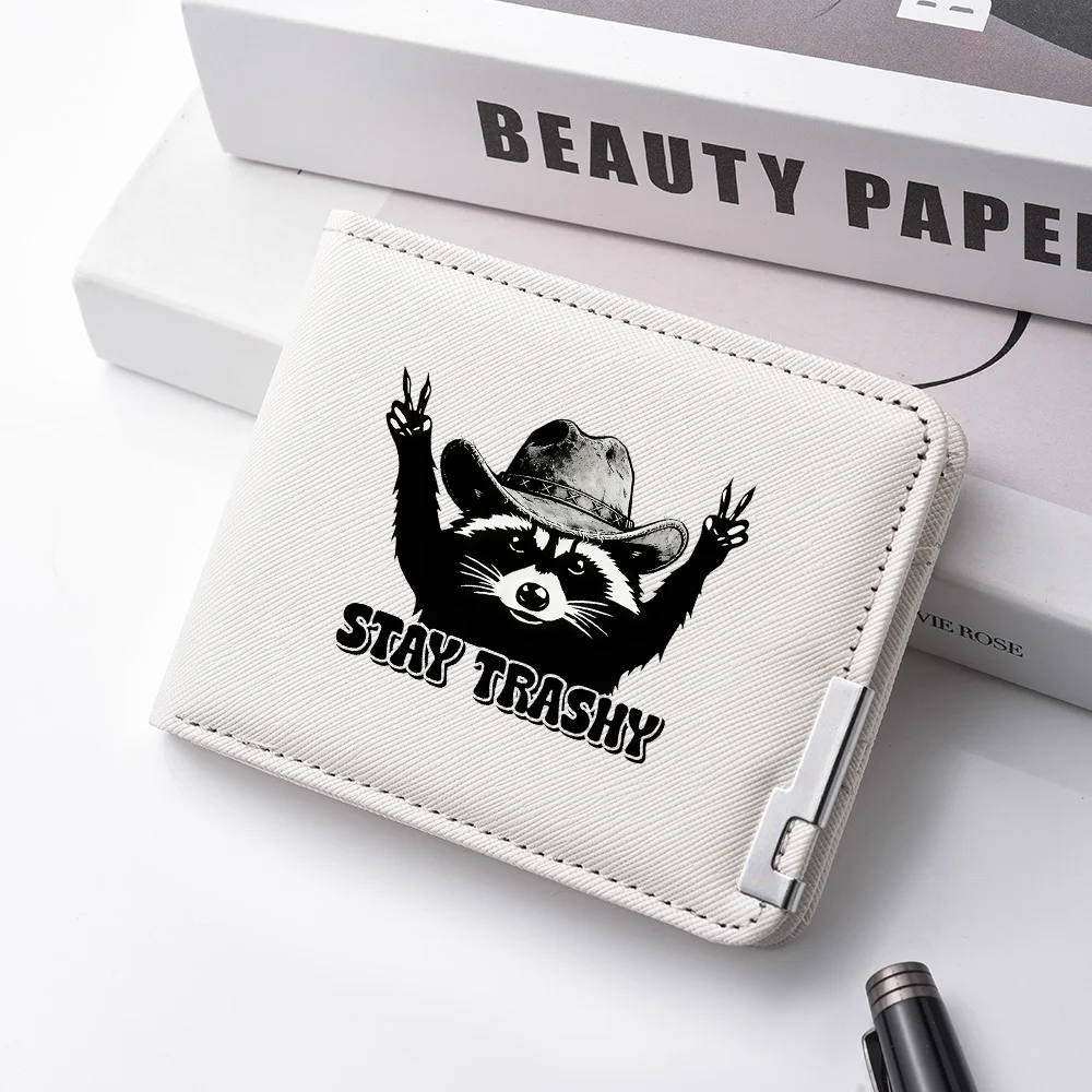 Men's Short Wallet In Denim With Raccoon Style Printed Design, Fashionable Multi-Pocket Money Clip