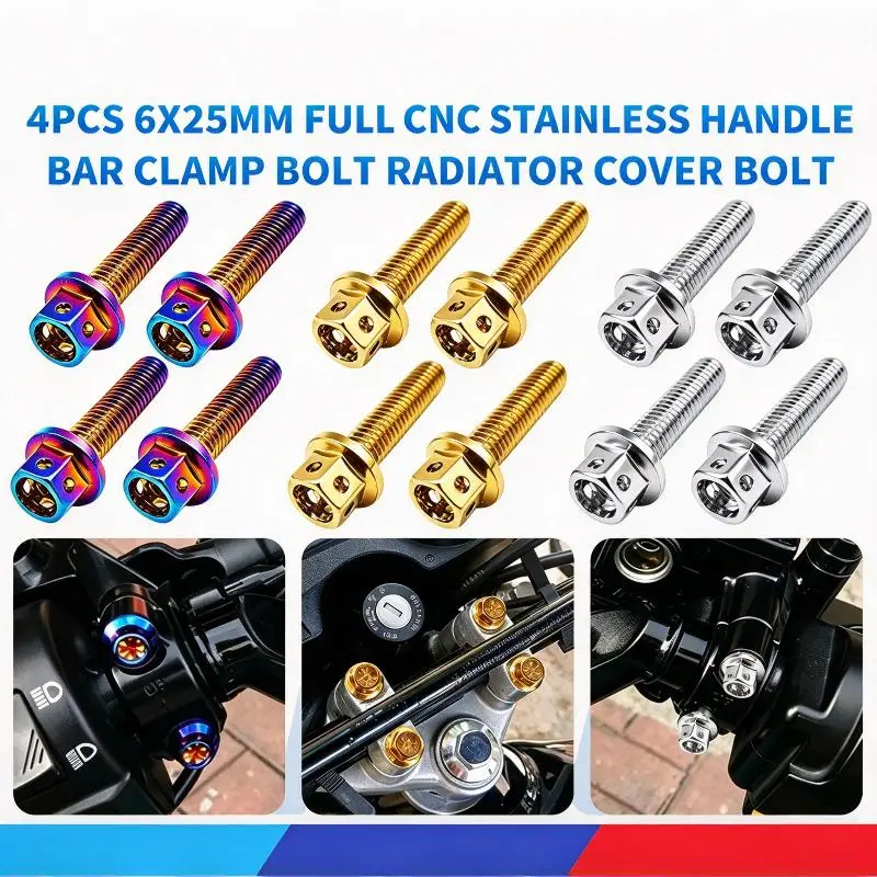 6x25mm Motorcycle Radiator Cover Bolt 4Pcs Full CNC High Strength Stainless Steel for Bar Clamp Fixing