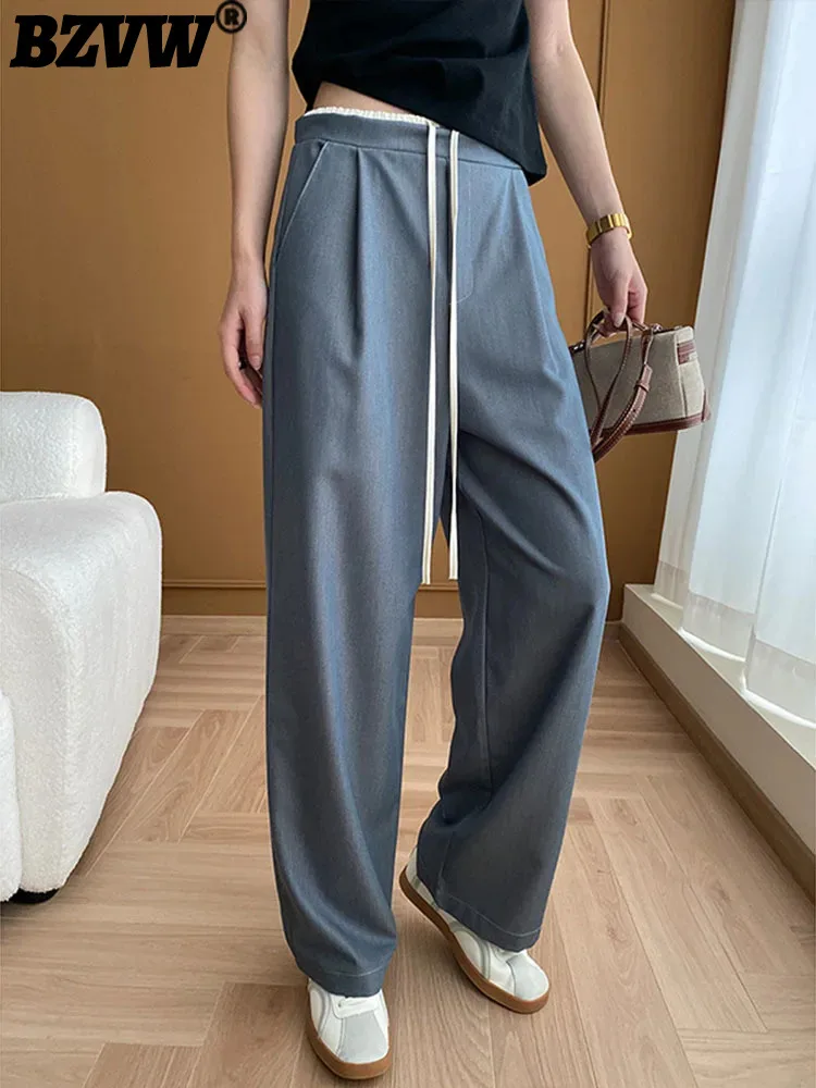 

BZVW Office Lady Suit Pants For Women Drawstring High Waist Pockets Design Solid Color Casual Trousers 2024 Summer New 25A566