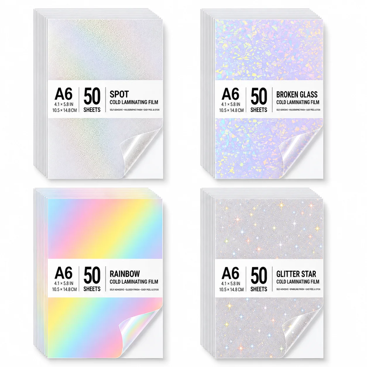 50 Sheets A6 Clear Holographic Self-Adhesive Laminating Film,Rainbow, Iridescent Flakes, Sparkling Stars & Fine Dots Patterns