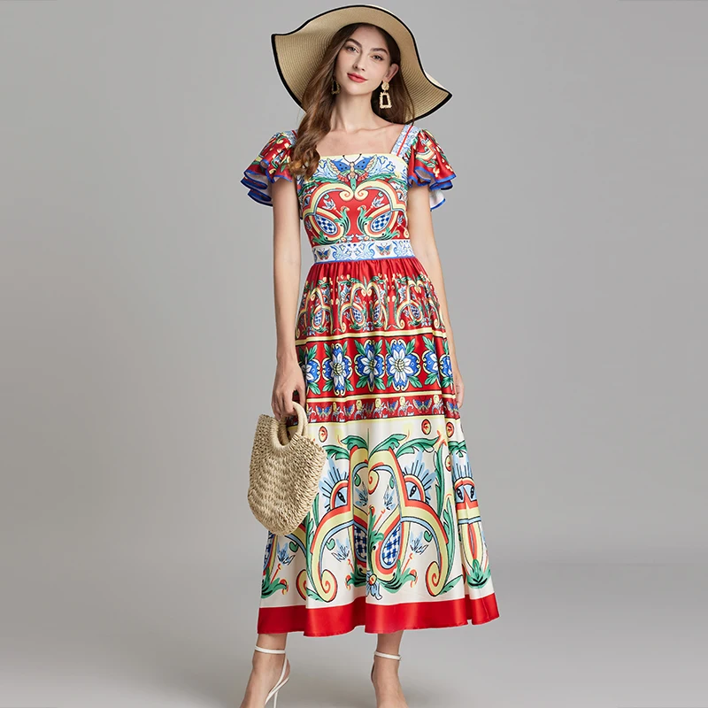 

Runway Summer Holiday Floral Print Long Dress Women Short Sleeve A Line Bohemian National Trench Elegant Beach Vestidos Female