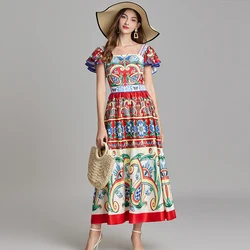 Runway Summer Holiday Floral Print Long Dress Women Short Sleeve A Line Bohemian National Trench Elegant Beach Vestidos Female