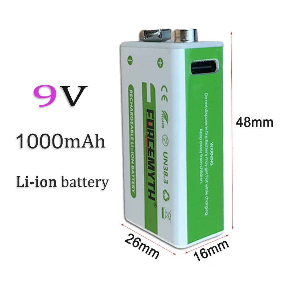 Nuovo 100% originale 9V 1000mAh batteria agli ioni di litio a ricarica rapida USB TYPE-C per microfono, telecomando giocattolo, allarme + cavo dati