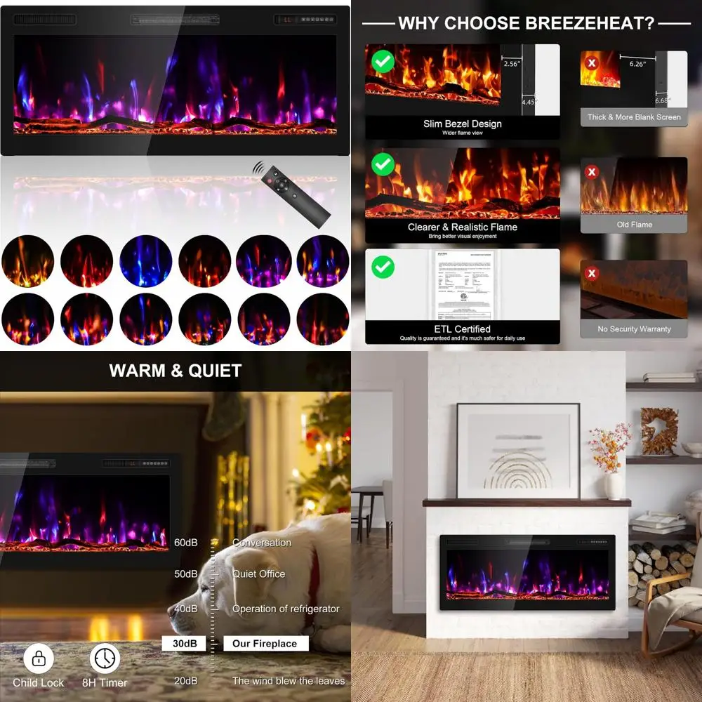 Calentador de chimenea eléctrico lineal ultrafino de 42 pulgadas montado en la pared con 750/1500W, llamas de troncos realistas, pantalla de alta definición f