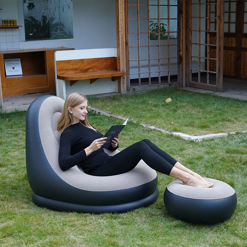 Sofá inflable COMCO Coffee, superficie de flocado, PVC de alta calidad, reposapiés, inflación rápida, para sala de estar y dormitorio