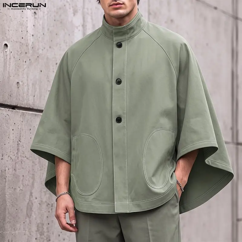 INCERUN Men Jackets Solid Color Cloak Oversize Stand Collar Irregular Coats Ponchos For Man Streetwear 2026 Fashion Casual Cape