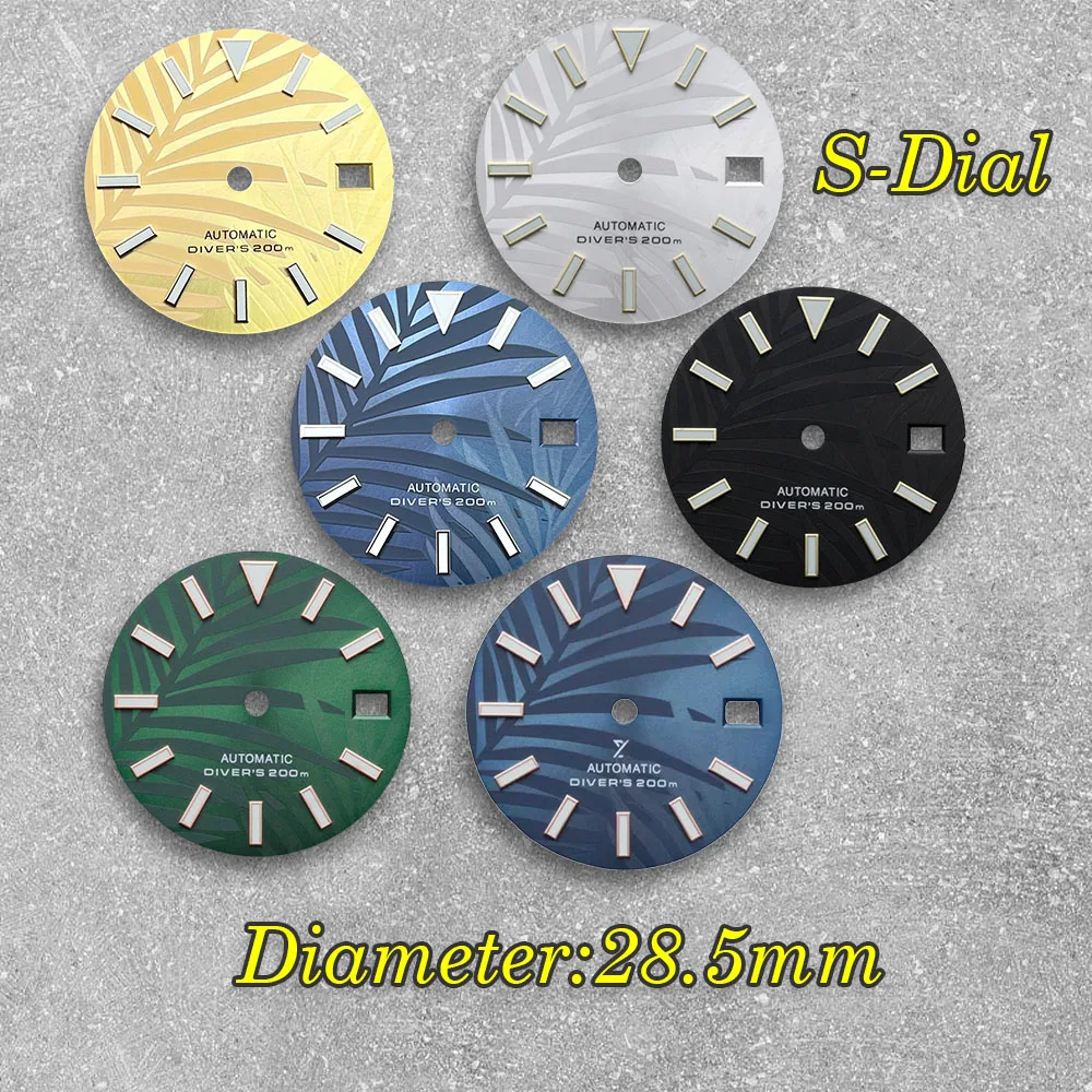 28.5mm s logotipo nh35 dial padrão de folha de bambu dial adequado para movimento nh35/nh36 3/3.8/4.2 horas coroa nh35 acessórios ﻿