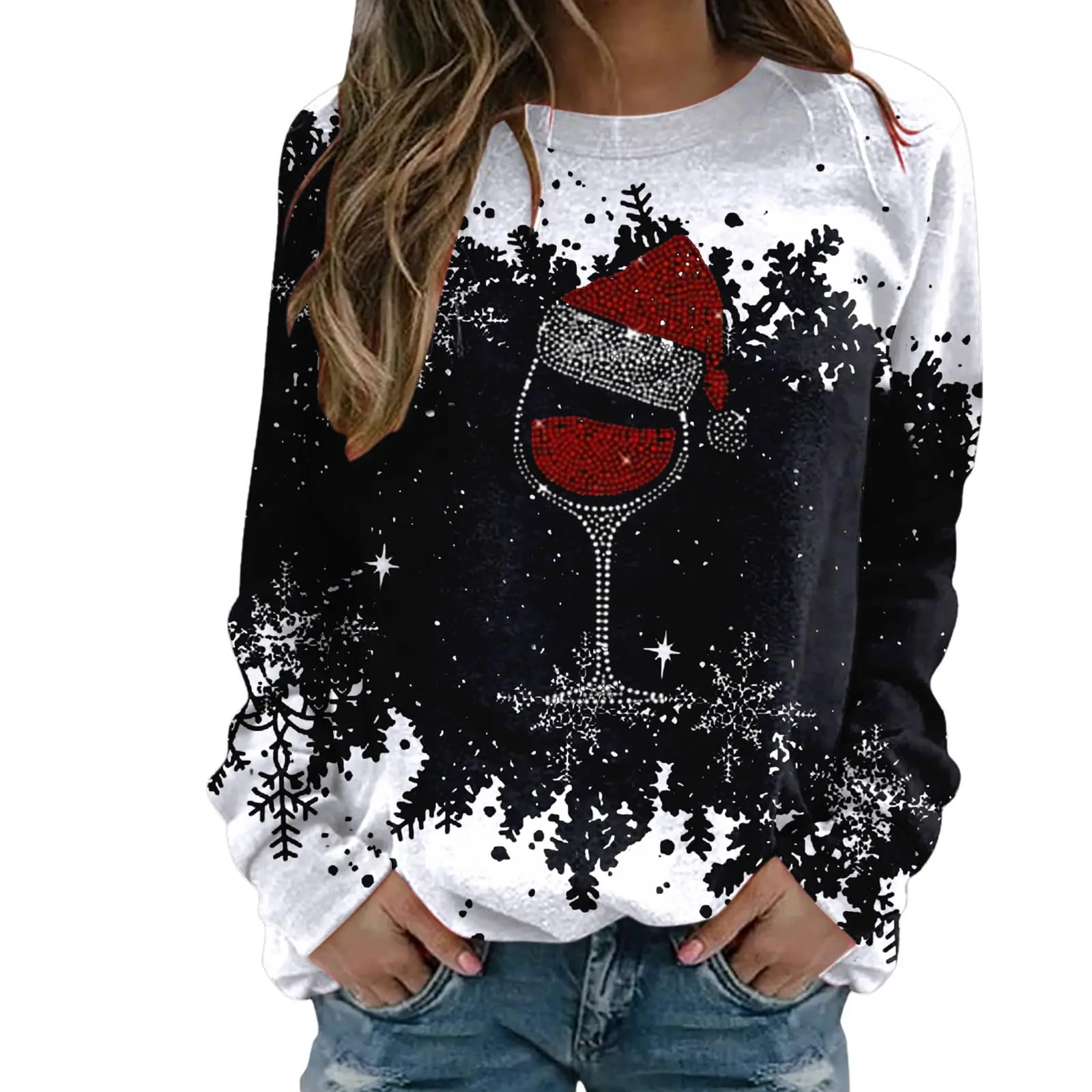 Christmas Elk wine glass pattern women long sleeved T-shirt fun 3D print T-shirt casual O-neck loose pullover Christmas clothing