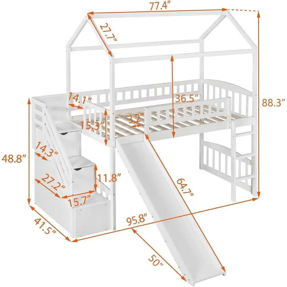 Twin Loft Bed with Slide, House Loft Bed with Slide and Stairs, Storage Loft Bed, Wooden Cabin Toddler Bed - White