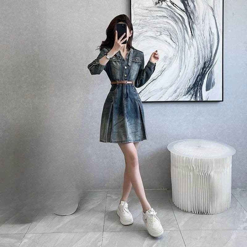 Frühling Neue Denim Kleid Langarm Retro Kurzen Rock EIN Wort Französisch Casual Hemd Kragen Rock Einfache Pendeln Koreanische Version