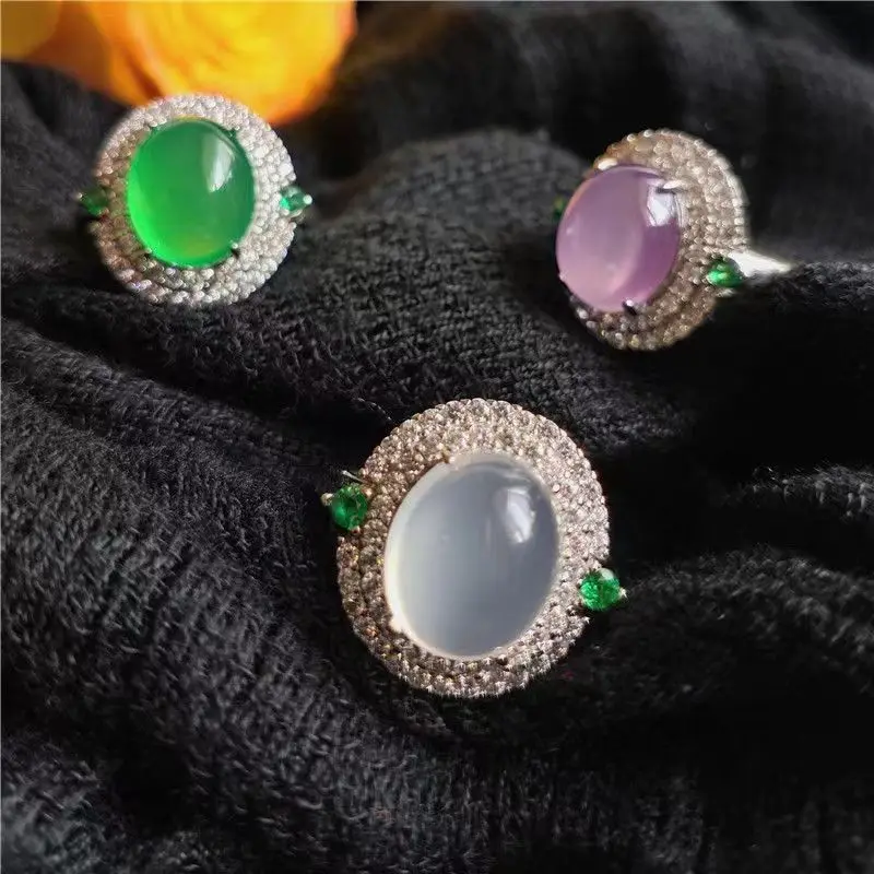 

Natural agate emerald ring for women with adjustable opening size with micro-insert imitation chalcedony full diamond ring