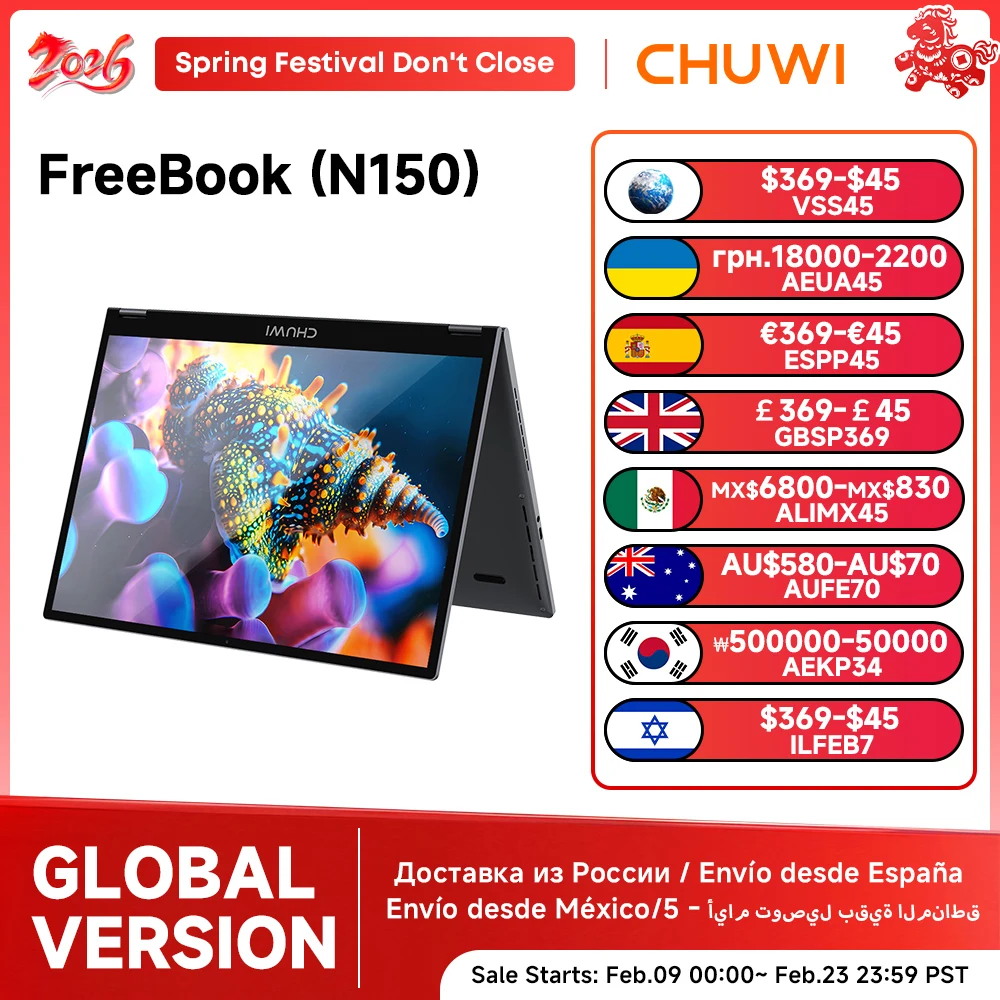 CHUWI FreeBook ordinateur portable Intel N150 Quad Core 16GB LPDDR5 512G SSD tablette 13.5 pouces FHD écran tactile Windows 11 WIFI6 ordinateur de bureau