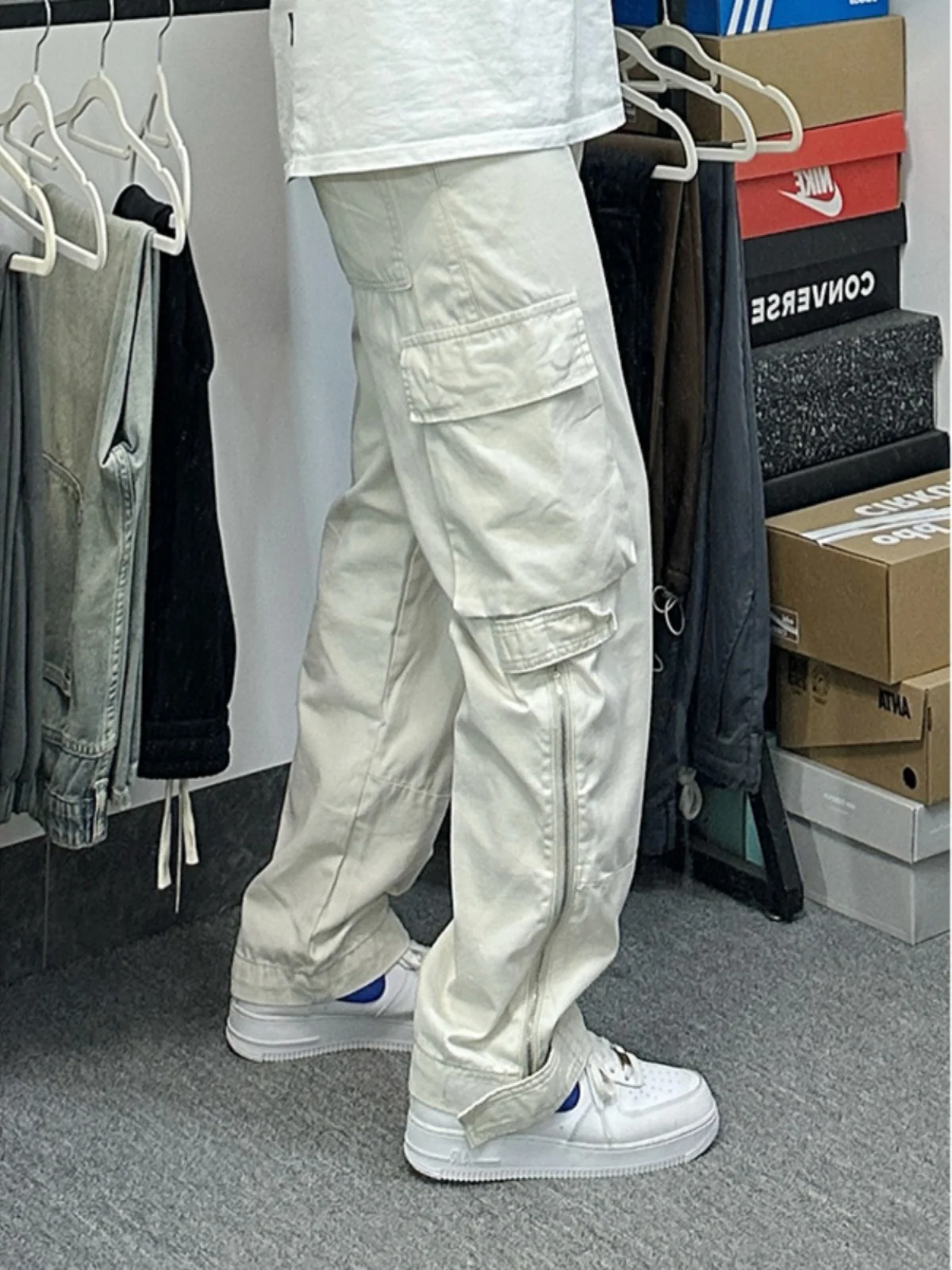 

Khaki Work Trousers Men's Spring Autumn Deconstructed Design Logging Loose Casual Straight Leg Knife Pants Zipper Cuffs