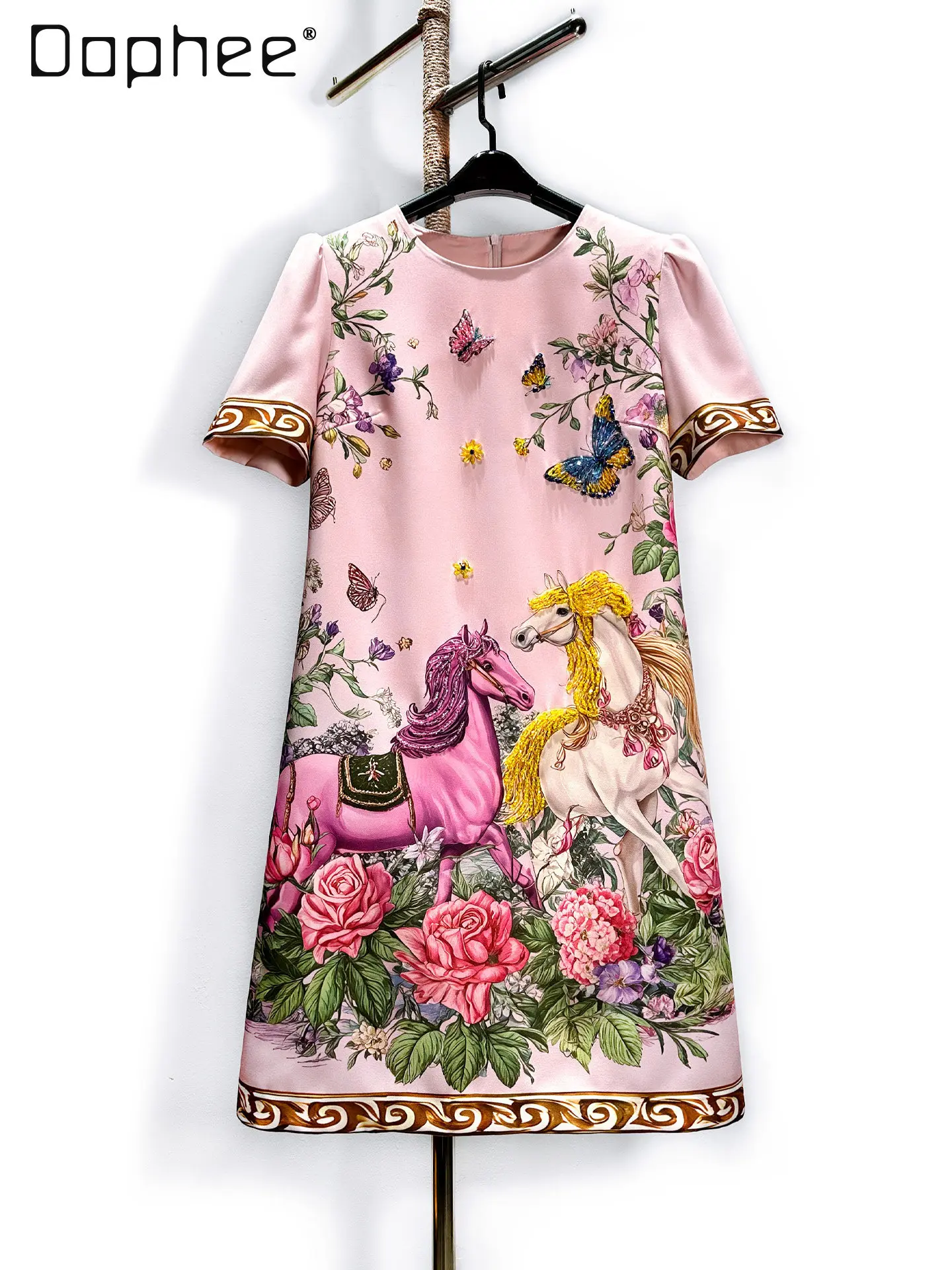 

Light Luxury Elegant Loose Heavy Beading Short Sleeve Pink Dress Women 2026 New Elegant Socialite Short Sleeve Slim A-line Dress