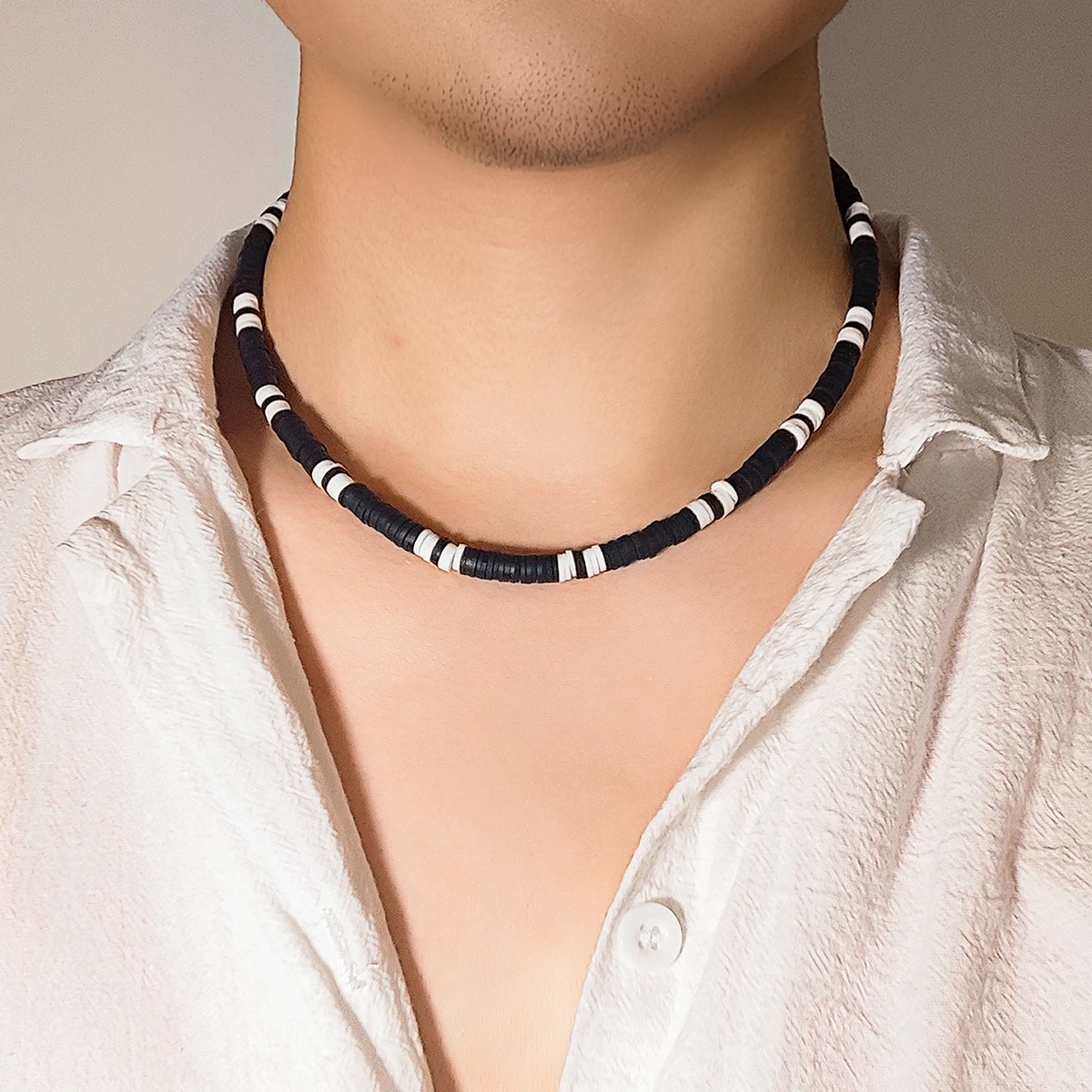 Lacteo Hip Hop Schwarz Weiß Polymer Clay Perlen Männer Halskette Handgemachte Strang Halsband Einfache Schmuck Kragen Hals Kette Party Neue