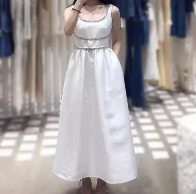 

Women's white suspenders waist maxi dress patchwork bow fashion festival party ladies robe