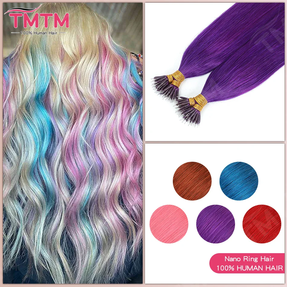 tmtm-ストレートナノリング人毛エクステンション事前結合ブラジルケラチンヘアピンクブルーレッドマイクロビーズヘア-50-100-ストランド