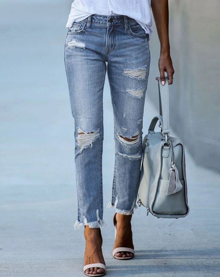 

2024 Spring Casual Denim Women Zipper Fly Button Cutout Ripped Raw Hem Washed Skinny Jeans Plain Long Pants Street Denim Pants