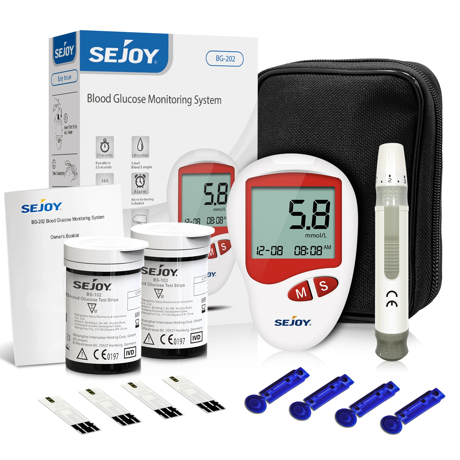 SEJOY Blutzuckermessgerät Diabetes-Testkit mit 25 Teststreifen/Lanzetten, 100 Stück Blutzuckerteststreifen für BG201/202/203