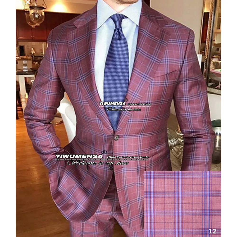 Elegant Business Suits Men Plaid Check Windowpane Single Breasted Jacket Pants 2 Pieces Groom Wedding Tuxedo trajes para hombre