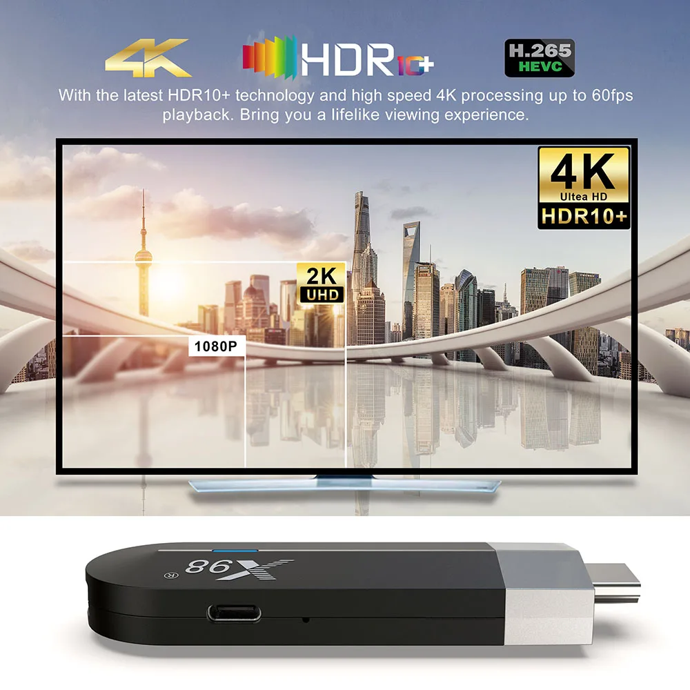 X98 TV Stick z systemem Android 11.0 Dongle TV 4GB 32GB procesor Amlogic S905Y4 czterordzeniowy 2.4G 5GHz Wifi BT4.X 1080P H.265 HD 4K AV1 odbiornik