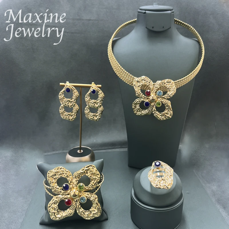 

18K Gold Plated Jewelry Set Colorful Rhinestone Flower Necklace Earrings Bracelet Ring Copper Texture Bridal Wedding Party Gifts