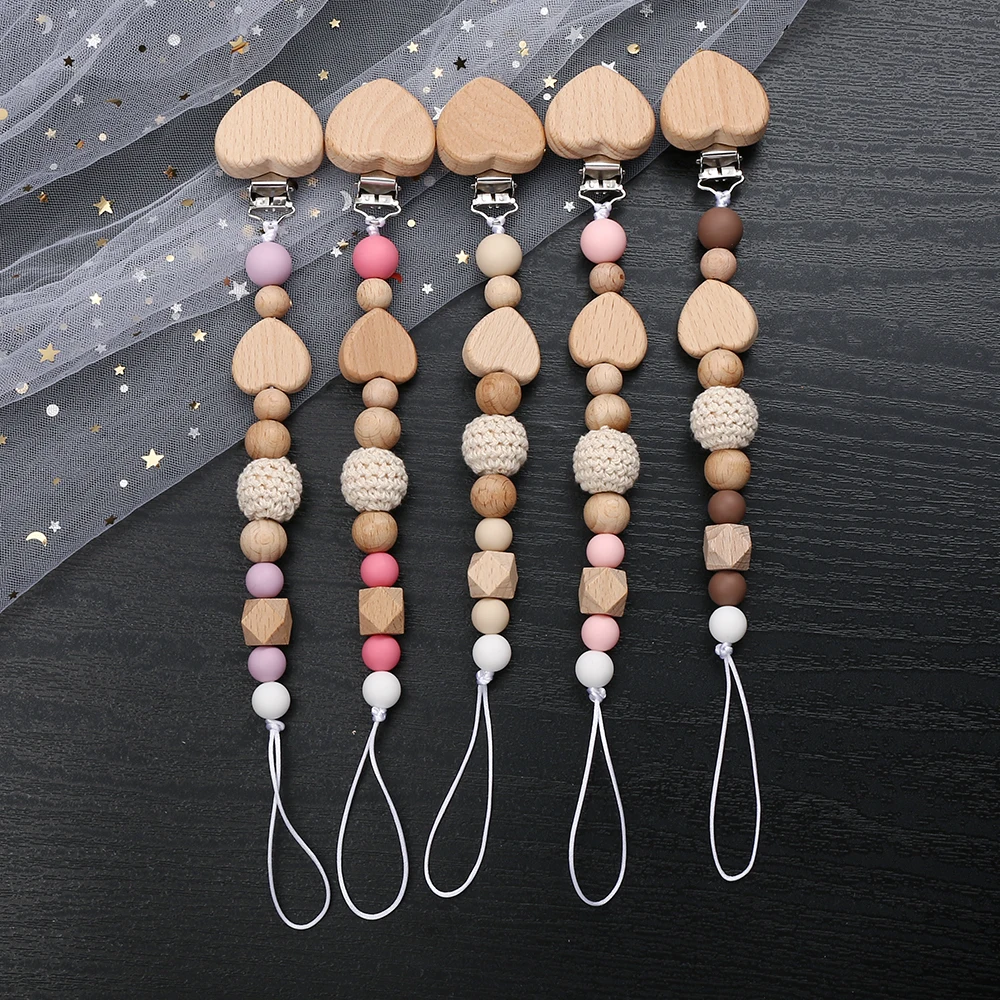 New Beech Wooden Baby Pacifier Chain Clip Heart Beads Silicone Beads Dummy Nipple Holder  for Newborn Teether Pendant Toys Gift