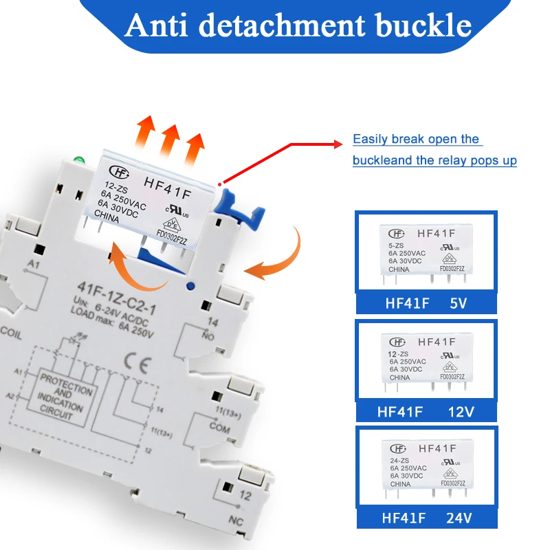 10pcs DIN Rail Relay 5V 12V 24V Slim Relay Module HF 41F With Led 6A 41F-5-ZS 41F-12-ZS 41F-24-ZS 30VDC