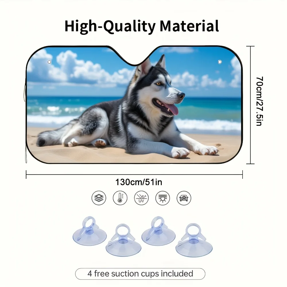 1pc Husky On Beach Car Sun Visor - Adorable Siberian Husky Beach Scene Design, Fit For Most Vehicles, Quick Installation & Comfo