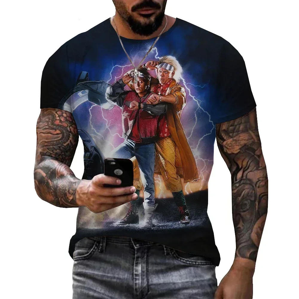 الصيف تي شيرت رجالي فيلم العودة إلى المستقبل ثلاثية الأبعاد الطباعة موضة عادية الشارع الجولة الرقبة قصيرة الأكمام الكرتون فضفاض
