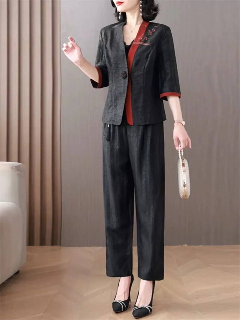 New Summer Blazer Pants Large Size Women's Two Piece Set Premium V-Neck 3/4 Sleeve Suit Coat Trousers Professional Outfits Z1309